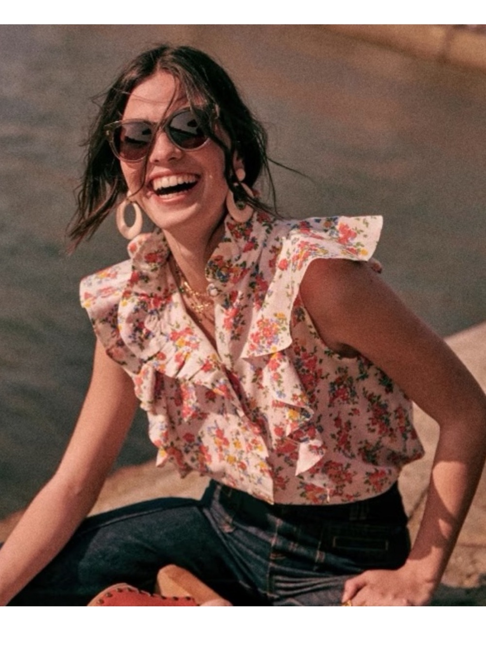 Sezane White Floral Ruffle Sleeveless Blouse with Pink & Yellow Blooms